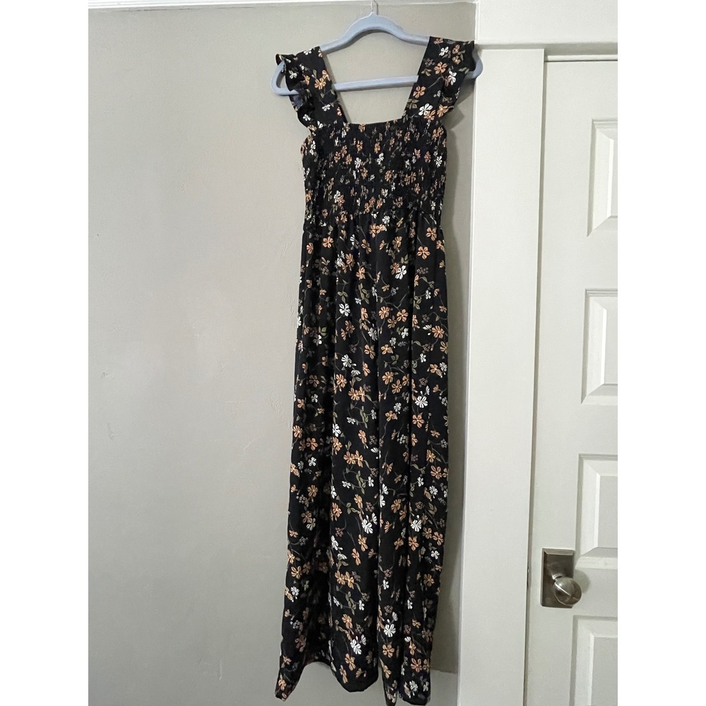 Inspired Hearts Womens Floral Smocked Ruffle Wide Leg Jumpsuit Black Orange M - Picture 11 of 12